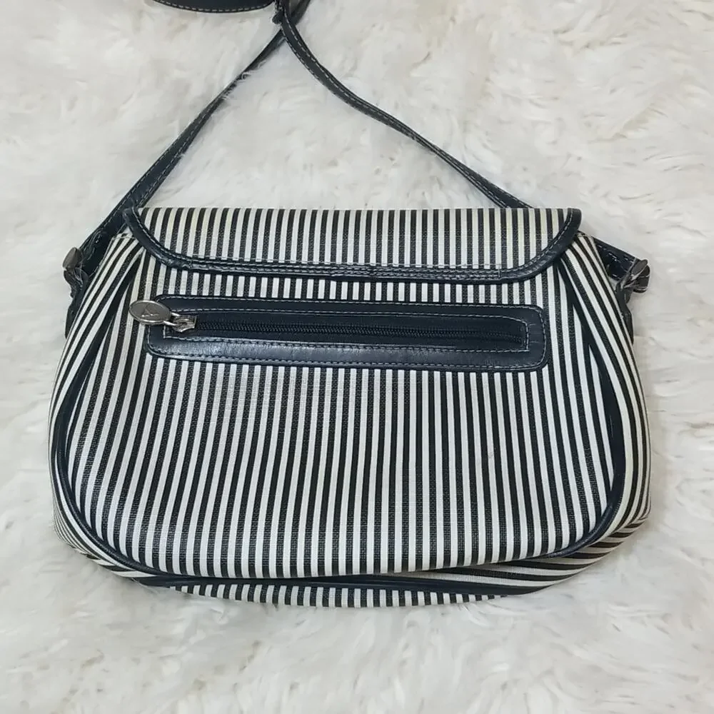 Vintage Liz Claiborne Navy Blue & White Striped Crossbody Purse - Leather & PVC